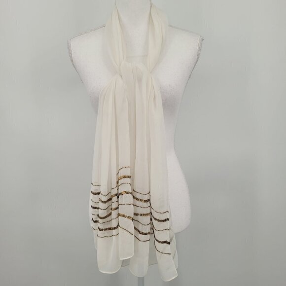 Ivory Chiffon Scarf With Bronze Sequins and Beads - Picture 1 of 4